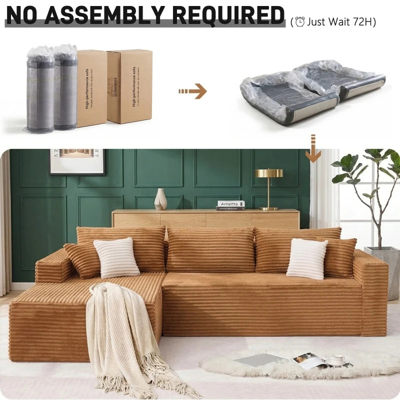 Cozy L-Shaped Compressed Sofa with 1400 lbs Weight Capacity and Cloud-Like Memory Foam, Spacious Couch for Big Families, 108"L x 68"W x 33"H, Brown