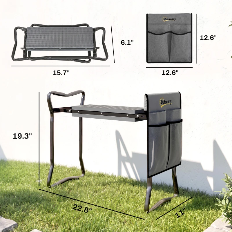 Outsunny 2-In-1 Garden Kneeler and Seat, Heavy Duty Foldable Garden Stool with Soft EVA Pad and Tool Pouch, Gray