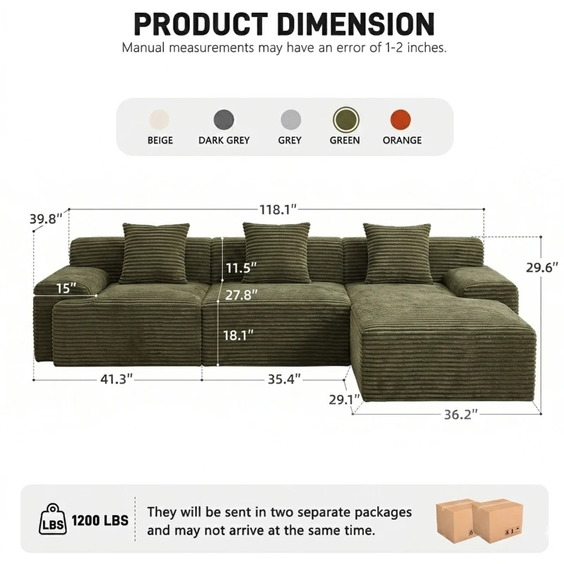 Modern Modular Compressed Sofa with Movable Ottoman, Memory-Foam Corner Couch for Apartments and Bedrooms, 118"L x 39.5"W x 29.5"H, Green