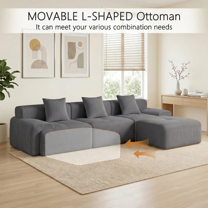 Modern Modular Compressed Sofa with Movable Ottoman, Memory-Foam Corner Couch for Apartments and Bedrooms, 118"L x 39.5"W x 29.5"H, Dark Gray
