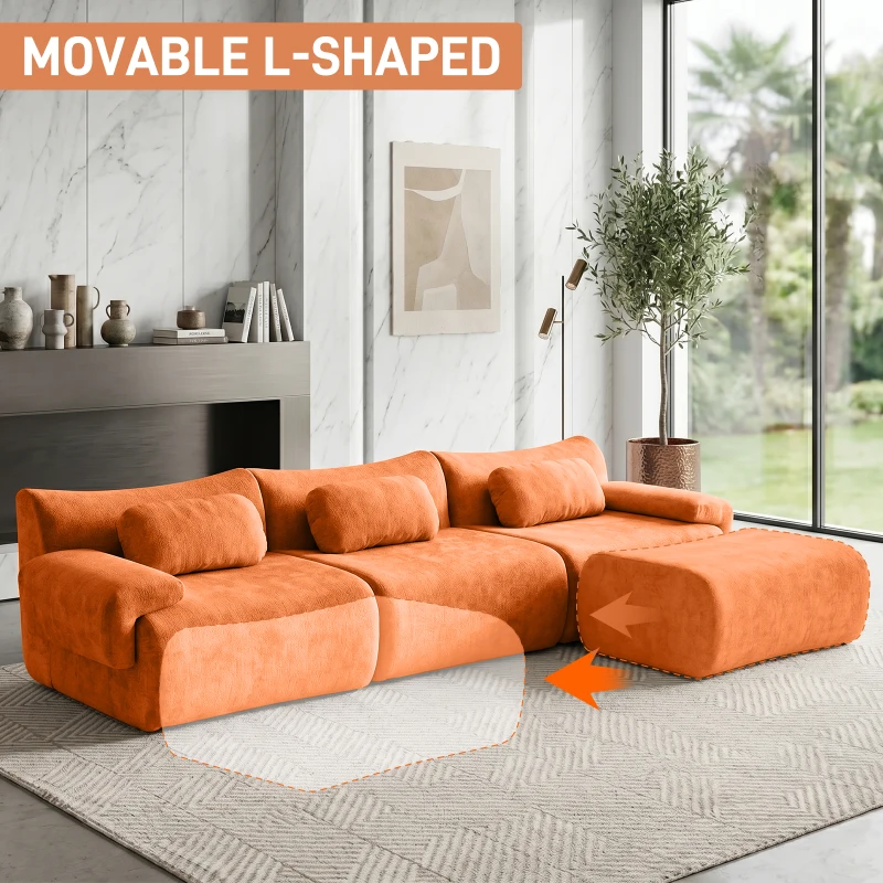 L-Shaped Compressed Sofa with High-Density Chenille Fabric and Supportive Backrests, Stylish Couch with Boneless Construction, 126"L x 68.5"W x 32"H, Orange