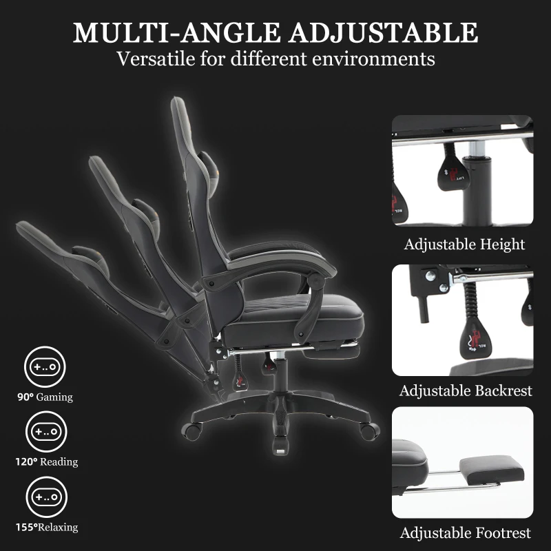 Ergonomic Gaming Chair with Adjustable Lumbar Support, Ideal Computer Seat for Home Offices, Gaming Setups, 25"L x 25"W x 51"H, Gray