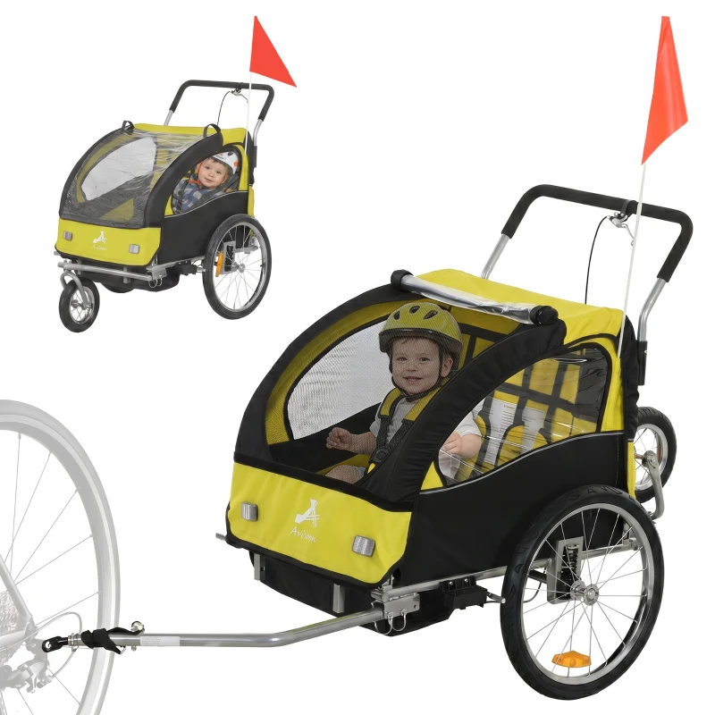 Aosom 2-Seat Elite 360 Swivel Bike Trailer for Kids Bicycle Cargo Trailer with Water-Resistant Windows, Yellow