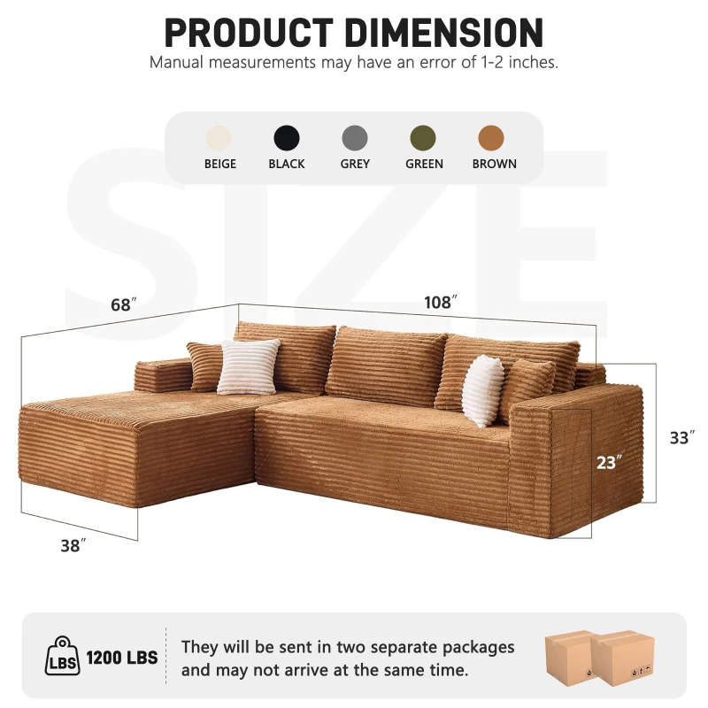 Cozy L-Shaped Compressed Sofa with 1400 lbs Weight Capacity and Cloud-Like Memory Foam, Spacious Couch for Big Families, 108"L x 68"W x 33"H, Brown