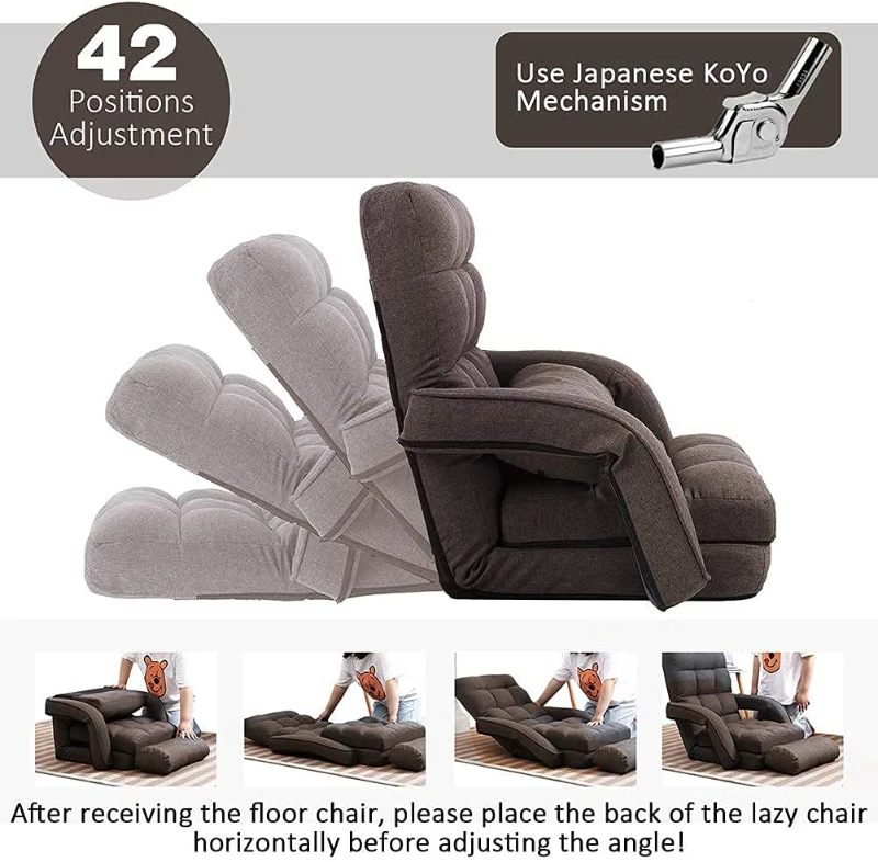 Cozy Floor Chair with 14 Adjustable Positions, Foldable Lazy Lounger for Home Offices and Gaming Rooms, 26.5"L x 22"W x 27"H, Brown