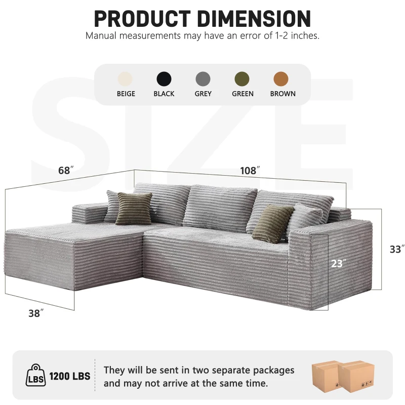 Cozy L-Shaped Compressed Sofa with 1400 lbs Weight Capacity and Cloud-Like Memory Foam, Spacious Couch for Big Families, 108"L x 68"W x 33"H, Gray