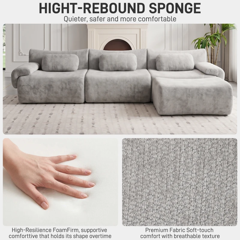 L-Shaped Compressed Sofa with High-Density Chenille Fabric and Supportive Backrests, Stylish Couch with Boneless Construction, 126"L x 68.5"W x 32"H, Gray