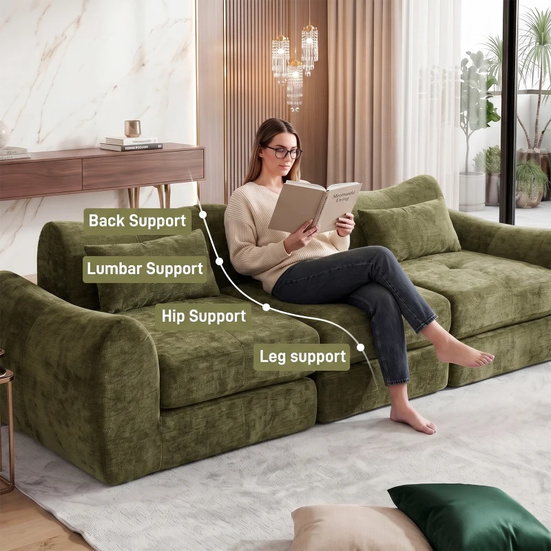 Cozy Compressed Sofa with Customizable Modular Layouts, Flexible Bed Couch for Both Compact and Spacious Spaces, 101.5"L x 36.5"W x 28.5"H, Green
