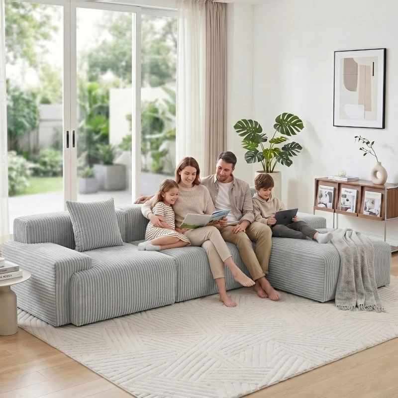 Modern Modular Compressed Sofa with Movable Ottoman, Memory-Foam Corner Couch for Apartments and Bedrooms, 118"L x 39.5"W x 29.5"H, Light Gray