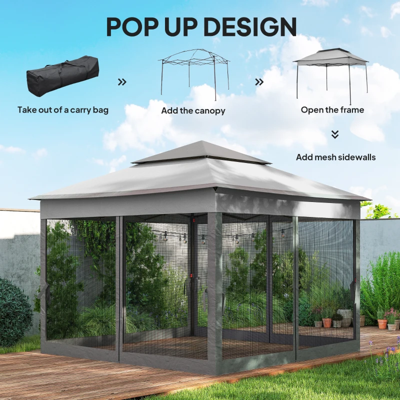 Outsunny 11' x 11' Pop Up Gazebo 2-Tier Soft Top Shelter Event Tent w/ Netting Carry Bag for Patio Backyard Garden, Mixed Grey