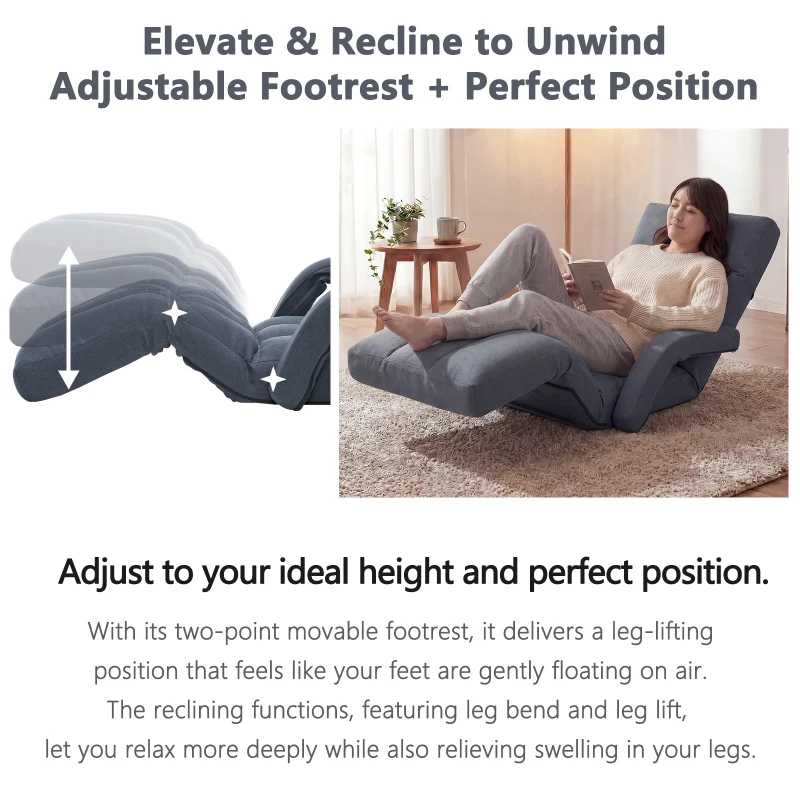Swivel Gaming Chair with Adjustable Footrest, Ideal Floor Lounger for Living Room, Bedroom, or Gaming Setup, 20.5"L x 39.5"W x 26"H, Gray