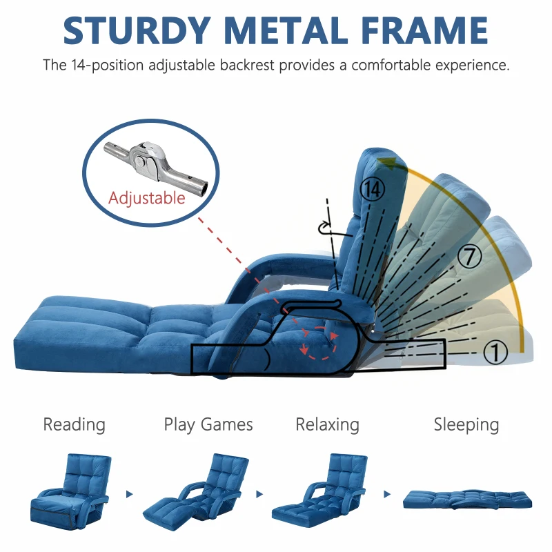 Folding Floor Chair with 14 Precision Adjustment Levels, Practical Floor Lounger for Reading, Gaming, or Relaxing, 20.5"L x 39.5"W x 25.5"H, Blue