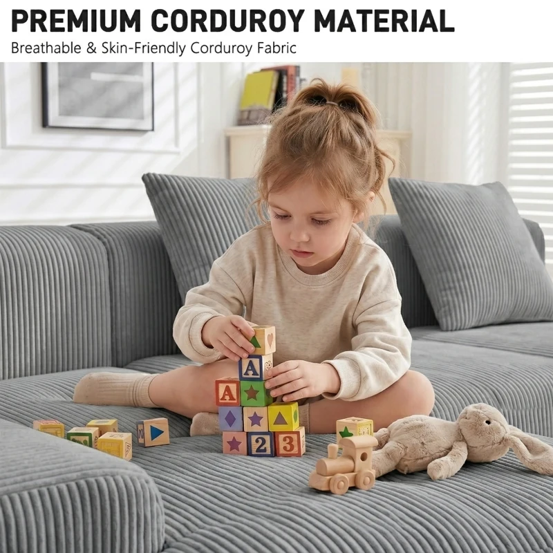 Modern Modular Compressed Sofa with Movable Ottoman, Memory-Foam Corner Couch for Apartments and Bedrooms, 118"L x 39.5"W x 29.5"H, Light Gray