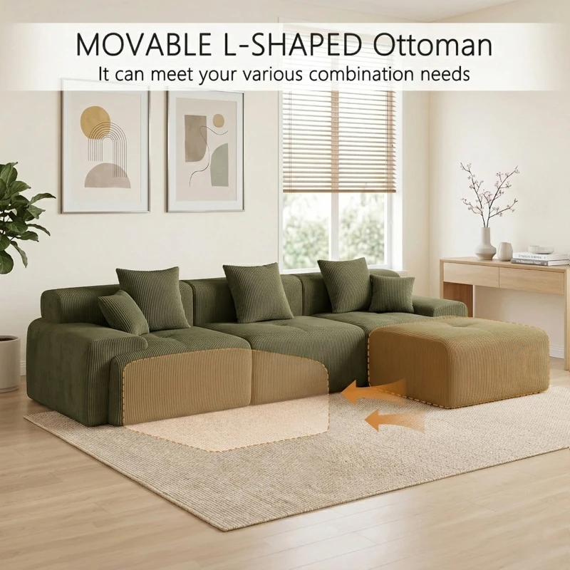 Modern Modular Compressed Sofa with Movable Ottoman, Memory-Foam Corner Couch for Apartments and Bedrooms, 118"L x 39.5"W x 29.5"H, Green