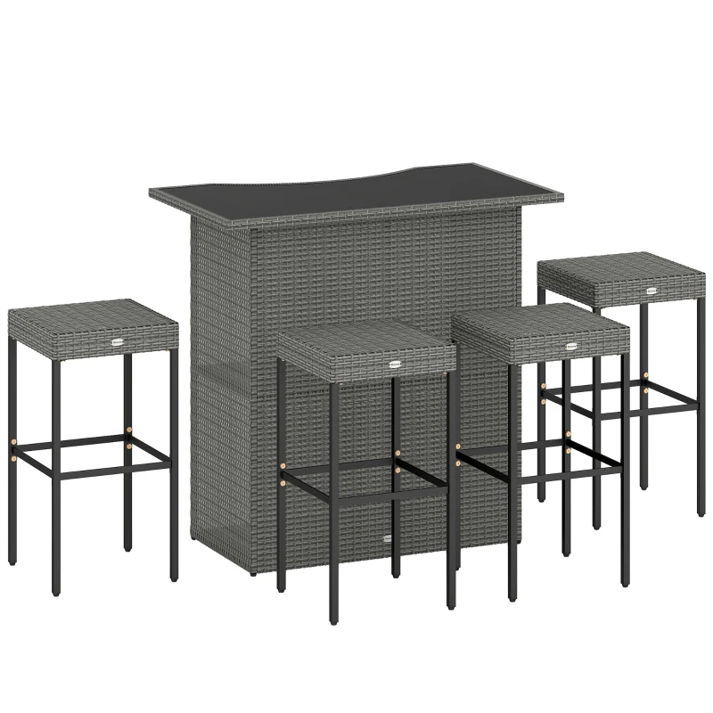 Outsunny 5 Piece Rattan Wicker Bar Set, High Top Outdoor Table and Chairs, Bar Height Patio Set, 2 Shelves & 4 Bar Stools, Gray