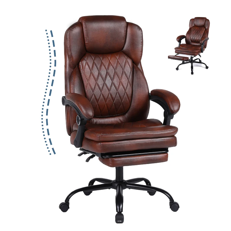 Solid Office Chair with Retractable Footrest and Ergonomic Support, Cozy Executive Seat for Home, Office, or Gaming, 28.5"L x 29"W x 50.5"H, Brown