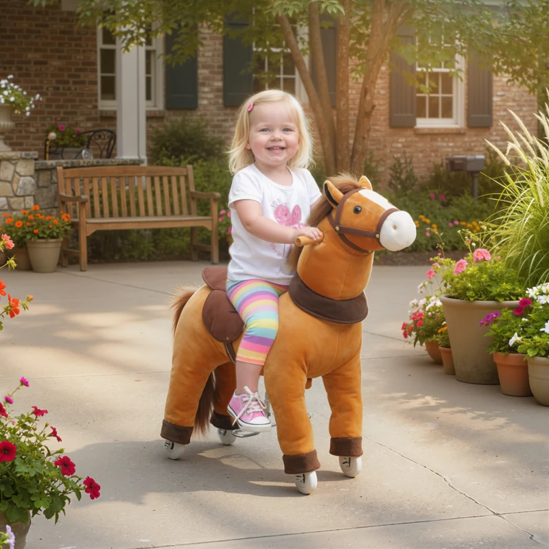 Qaba Ride on Horse, Plush Riding Pony for Ages 3-5, Walking Horse Animal with Wheels for Active Play, Dark Brown