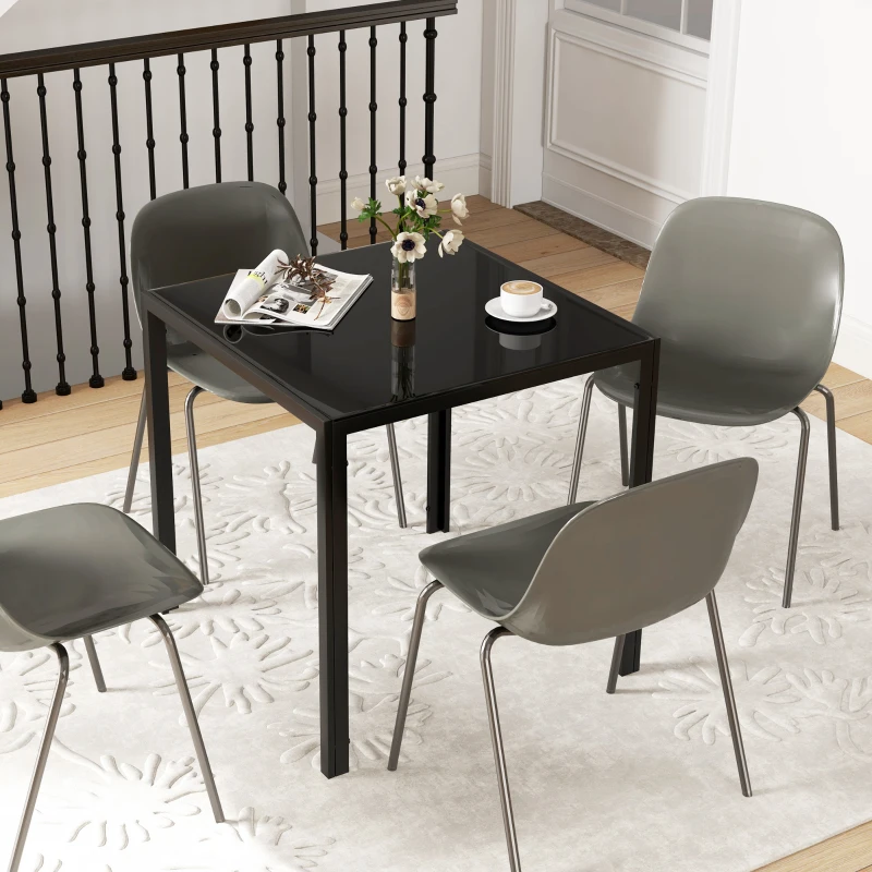 HOMCOM Square Kitchen Table for 2-4 People, Dining Table with Glass Top and Steel Legs for Dining Room, Black