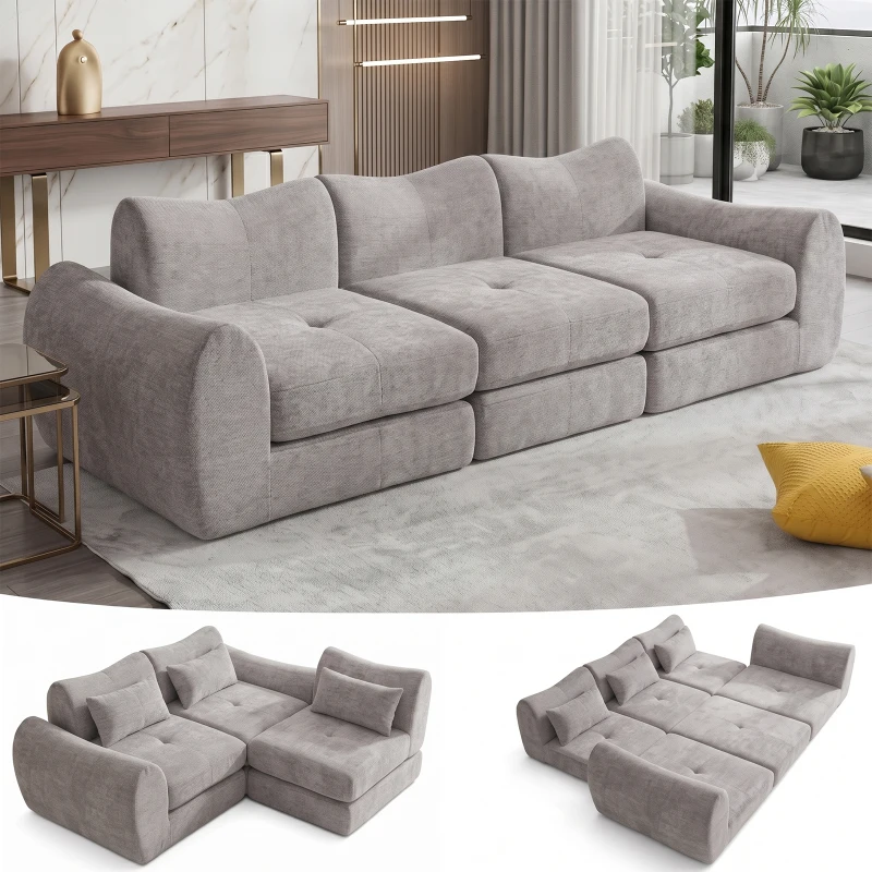 Cozy Compressed Sofa with Customizable Modular Layouts, Flexible Bed Couch for Both Compact and Spacious Spaces, 101.5"L x 36.5"W x 28.5"H, Gray
