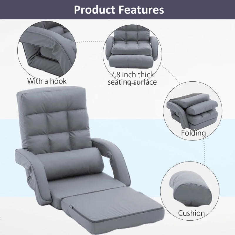 Cozy Floor Chair with 14 Adjustable Positions, Foldable Lazy Lounger for Home Offices and Gaming Rooms, 26.5"L x 22"W x 27"H, Gray