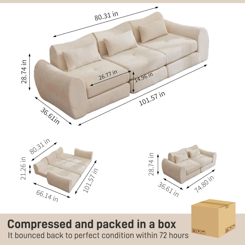 Cozy Compressed Sofa with Customizable Modular Layouts, Flexible Bed Couch for Both Compact and Spacious Spaces, 101.5"L x 36.5"W x 28.5"H, Beige