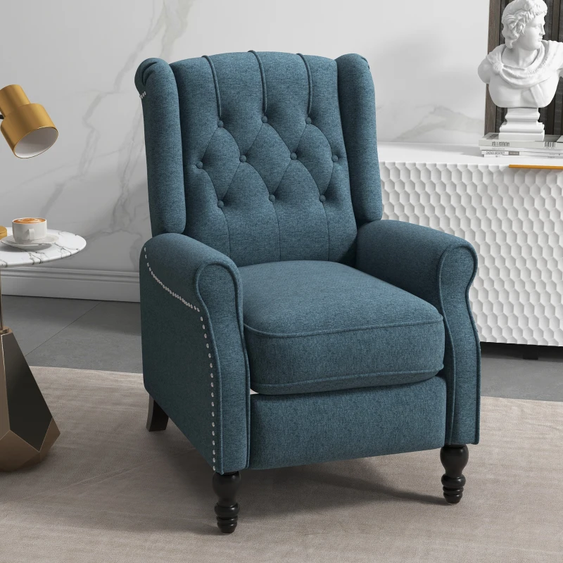 HOMCOM Wingback Reclining Chair with Footrest, Button Tufted Recliner Chair with Rolled Armrests for Living Room, Blue
