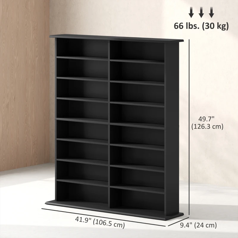 HOMCOM 8-Tier DVD Shelf with 12 Adjustable Shelves, Double CD Shelf, Holds 720 CDs, 396 DVDs or 396 Blu-rays, Black
