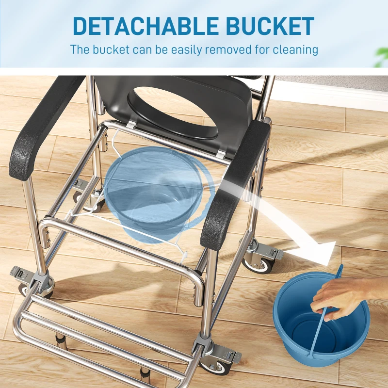 HOMCOM 3-in-1 Shower Commode Wheelchair, Transport Beside Commode Chair with Padded Seat for the Elderly, Disabled