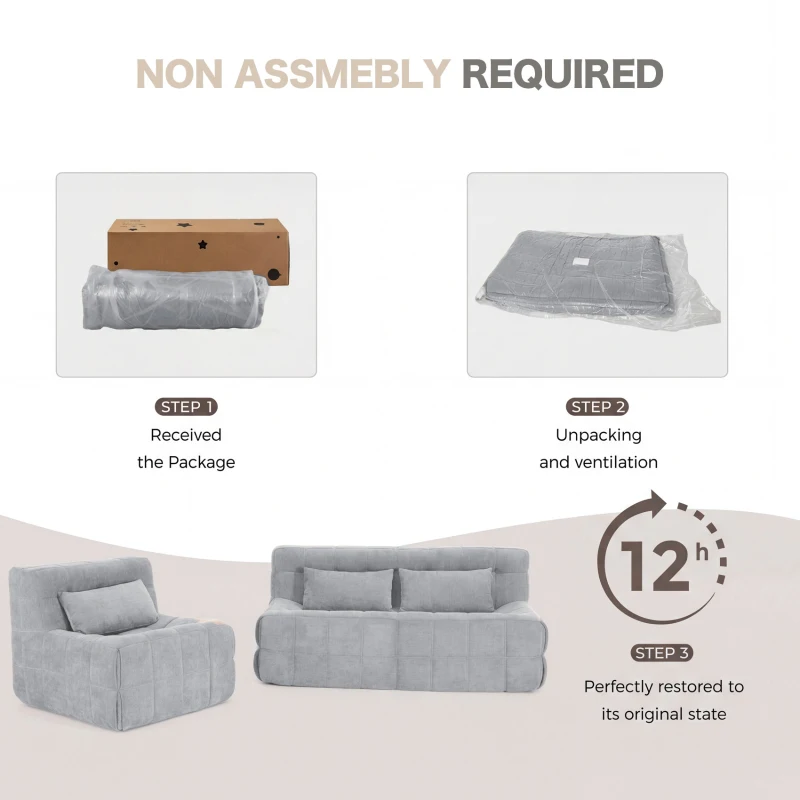 Cozy Modular Accent Chair with High-Resilience Sponge, Easy-Clean Couch with Detachable Cover and Anti-Slip Bottom, 63"L x 36"W x 29"H, Gray