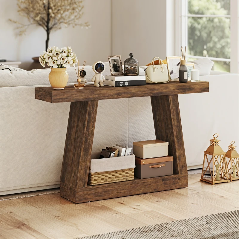 HOMCOM 55" Farmhouse Console Table, 2-Tier Entryway Table with Storage for Hallway, Living Room, Behind Couch, Rustic Brown