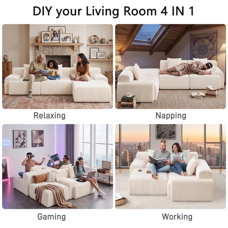 Modern Modular Compressed Sofa with Movable Ottoman, Memory-Foam Corner Couch for Apartments and Bedrooms, 118"L x 39.5"W x 29.5"H, Beige