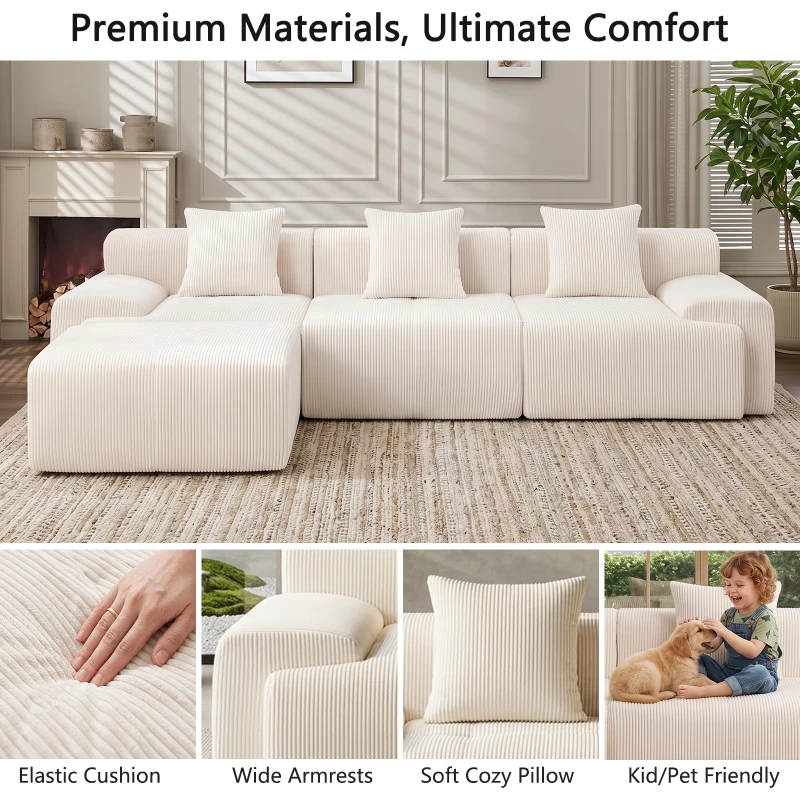 Modern Modular Compressed Sofa with Movable Ottoman, Memory-Foam Corner Couch for Apartments and Bedrooms, 118"L x 39.5"W x 29.5"H, Beige