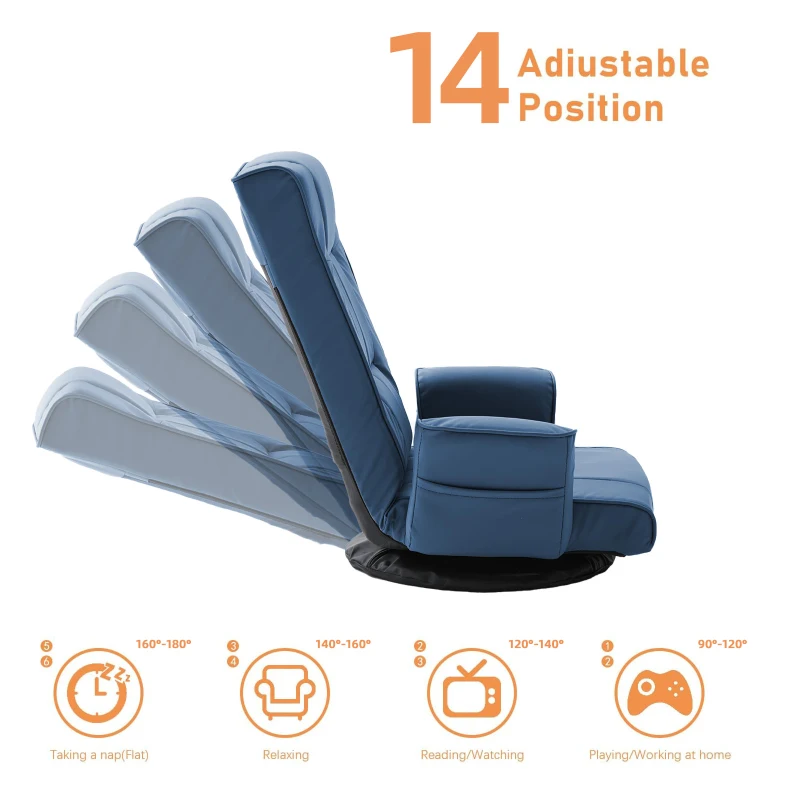 14-Angle Swivel Floor Chair with Foldable Design and Breatherable Faux Leather, Ideal Sofa Bed for Ovrnight Guests, 29"L x 19.5"W x 30.5"H, Blue