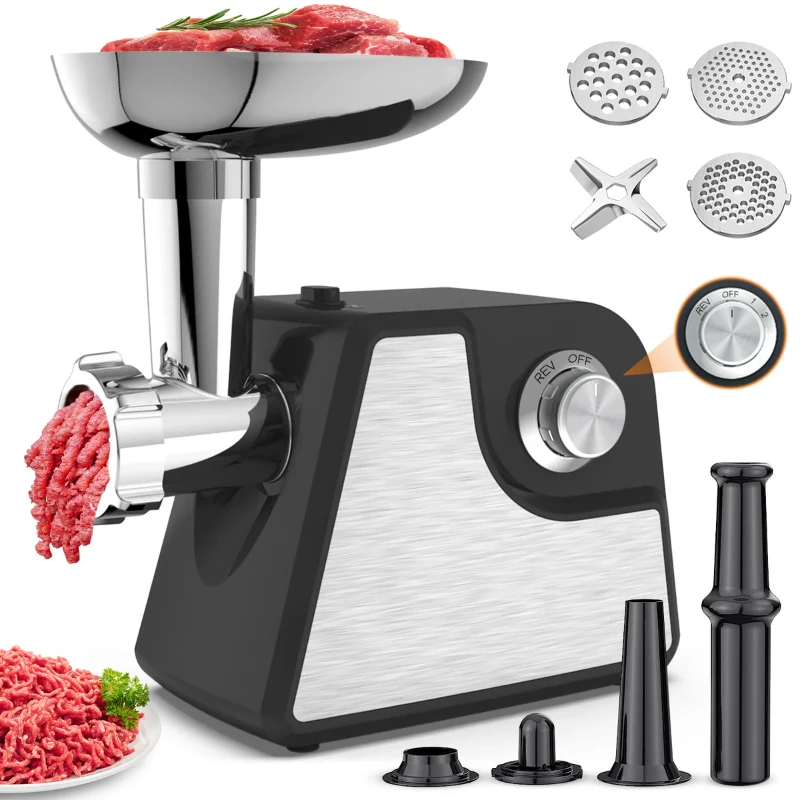 Powerful 2400W Electric Meat Grinder with 2 Speeds, Heavy-Duty Sausage Stuffer for Home Kitchens, 12" L x 5.5" W x 12.5" H, Black