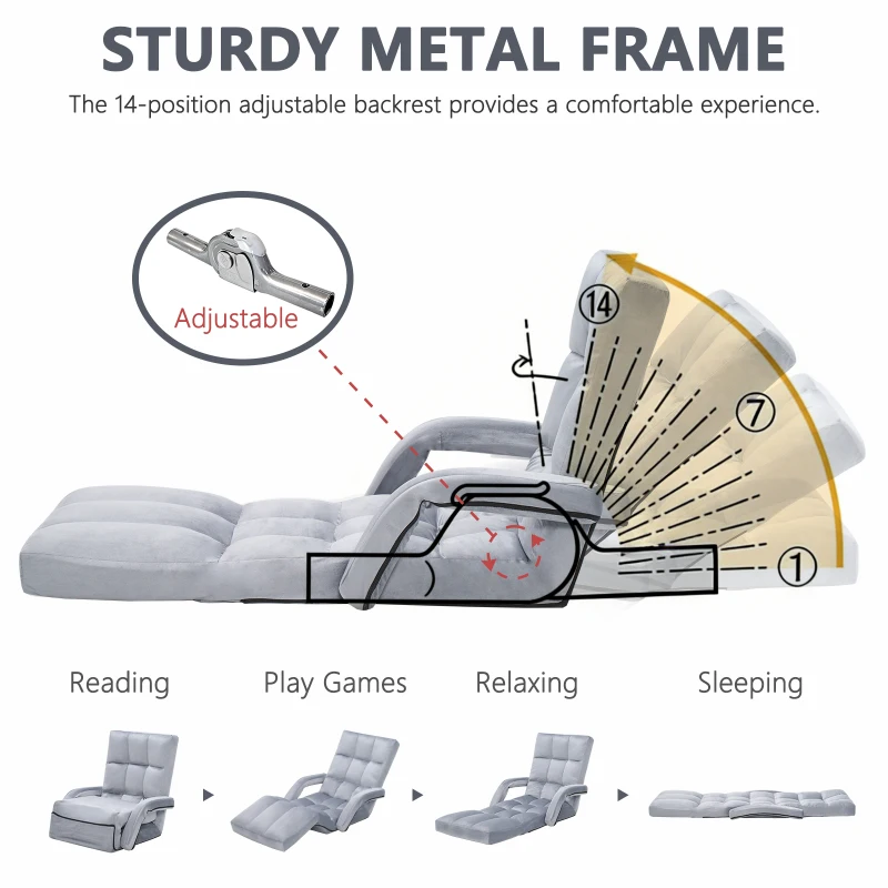 Folding Floor Chair with 14 Precision Adjustment Levels, Practical Floor Lounger for Reading, Gaming, or Relaxing, 20.5"L x 39.5"W x 25.5"H, Gray