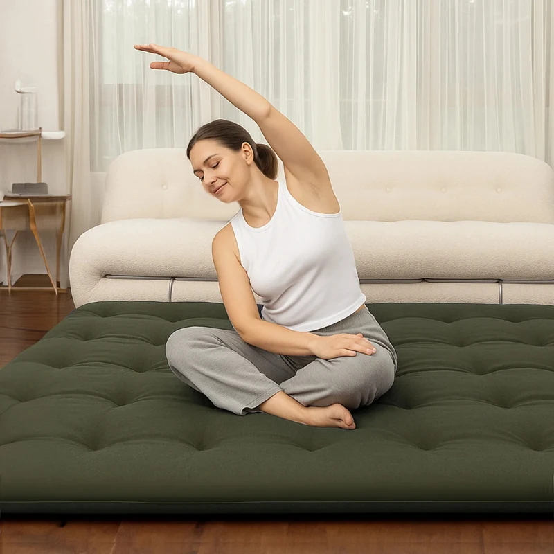 Comfortable 4-Inch Tatami Mattress with High-Resilience Foam, Breathable Floor Sleeping Pad for Bedrooms, 190.5L x 137W x 10H cm, Olive Green