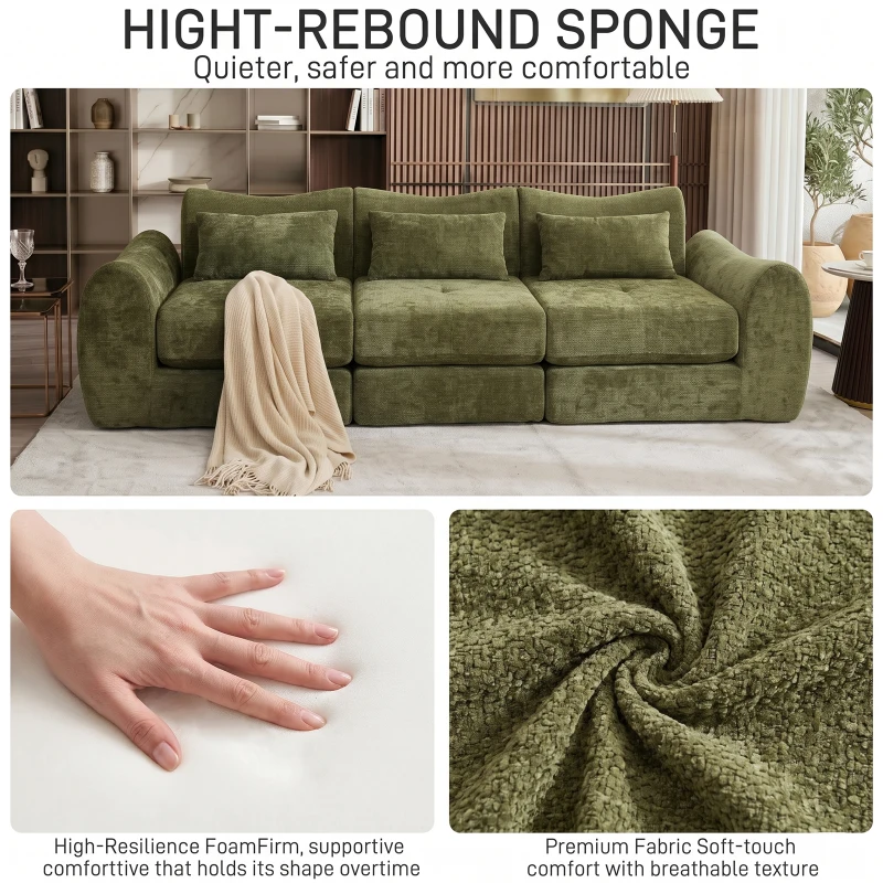 Cozy Compressed Sofa with Customizable Modular Layouts, Flexible Bed Couch for Both Compact and Spacious Spaces, 101.5"L x 36.5"W x 28.5"H, Green