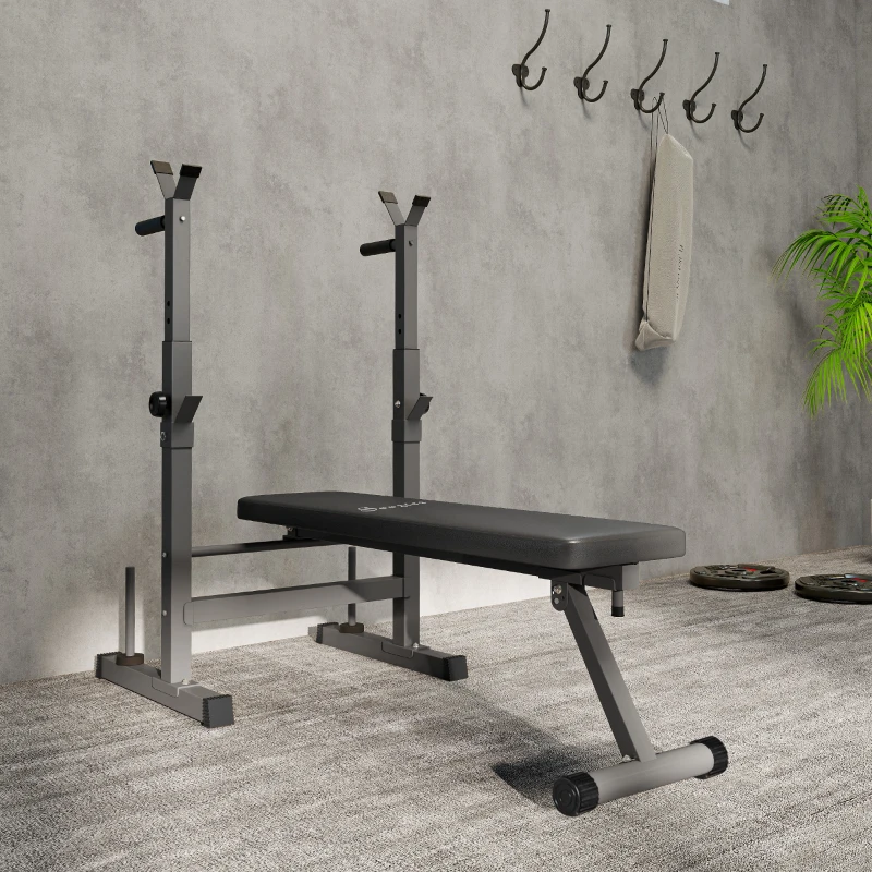 Soozier Adjustable Weight Bench, Foldable Bench Press with Barbell Rack and Dip Station for Home Gym, Strength Training Multiuse Workout Bench, Black and Grey