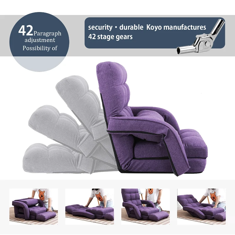 Cozy Floor Chair with 14 Adjustable Positions, Foldable Lazy Lounger for Home Offices and Gaming Rooms, 26.5"L x 22"W x 27"H, Purple