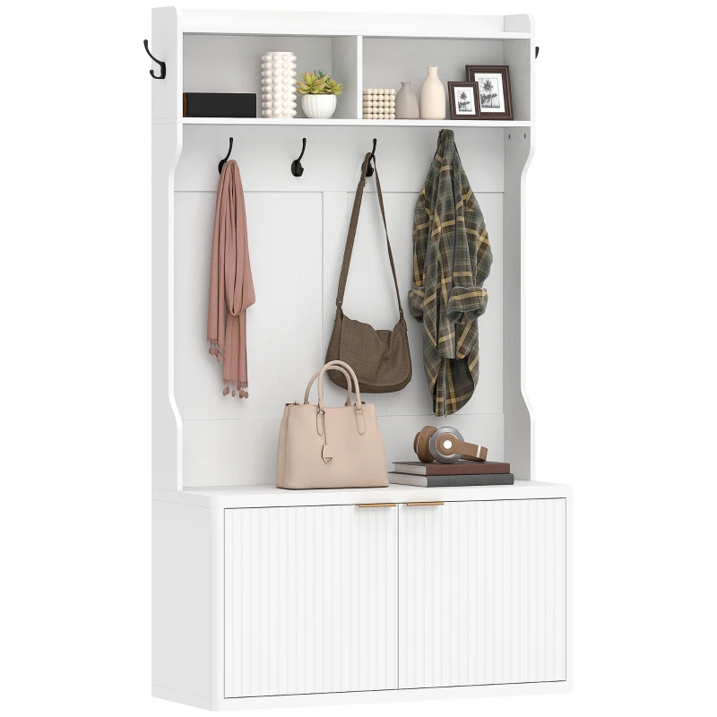 HOMCOM 4-In-1 Hall Tree with Shoe Bench, Modern Coat Rack with Open Shelf for Hallway, Entryway, Bedroom, Living Room, White