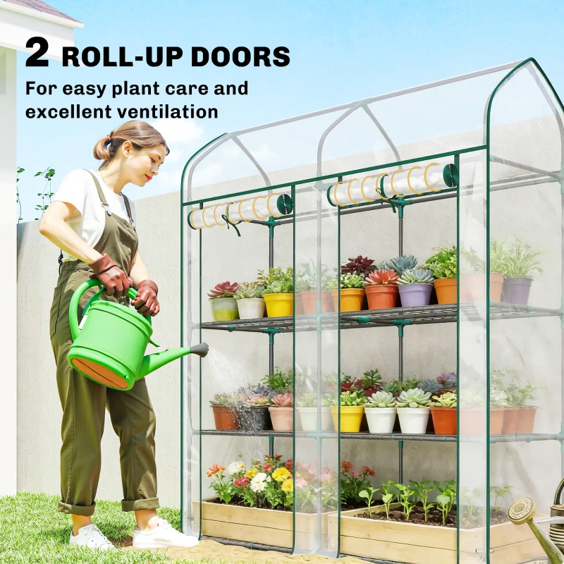Outsunny 3 Tier Mini Greenhouse, Small Portable Greenhouse with 2 Roll-up Doors, 56.3" x 18.1" x 65", Clear