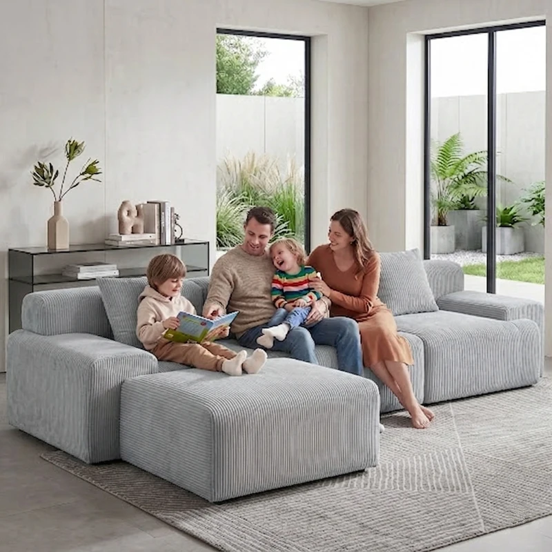 Modern Modular Compressed Sofa with Movable Ottoman, Memory-Foam Corner Couch for Apartments and Bedrooms, 118"L x 39.5"W x 29.5"H, Light Gray
