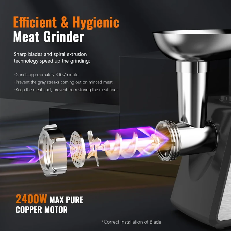 Powerful 2400W Electric Meat Grinder with 2 Speeds, Heavy-Duty Sausage Stuffer for Home Kitchens, 12" L x 5.5" W x 12.5" H, Black