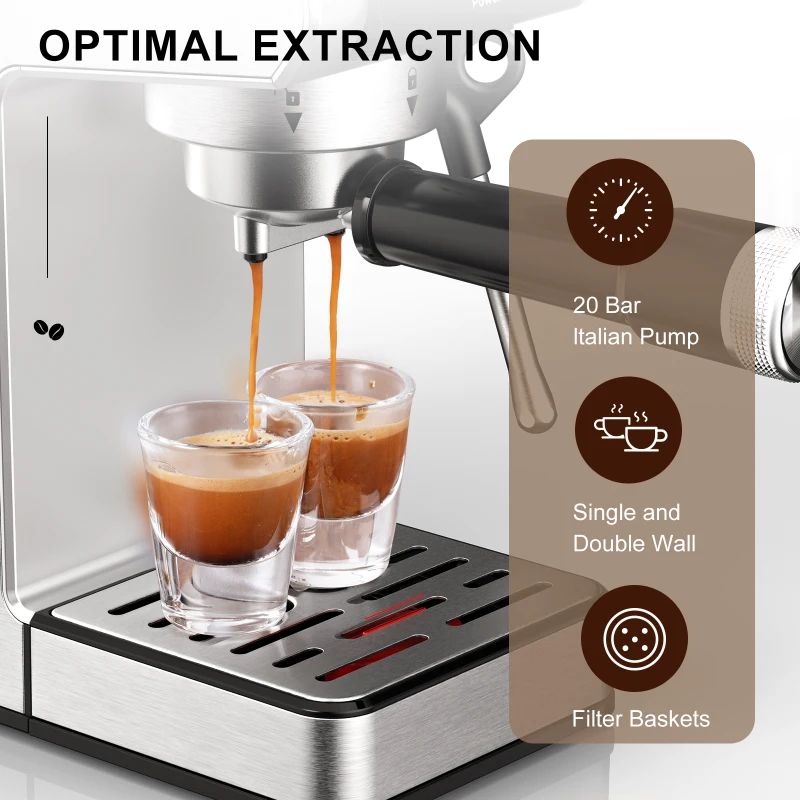 Compact 20-Bar Espresso Machine with Milk Frother, Professional Coffee Maker for Home Kitchens, 11.5" L x 5.5" W x 12" H, Black+Silver