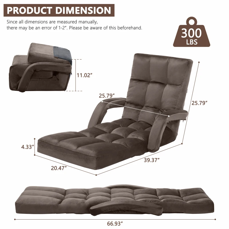 Folding Floor Chair with 14 Precision Adjustment Levels, Practical Floor Lounger for Reading, Gaming, or Relaxing, 20.5"L x 39.5"W x 25.5"H, Brown