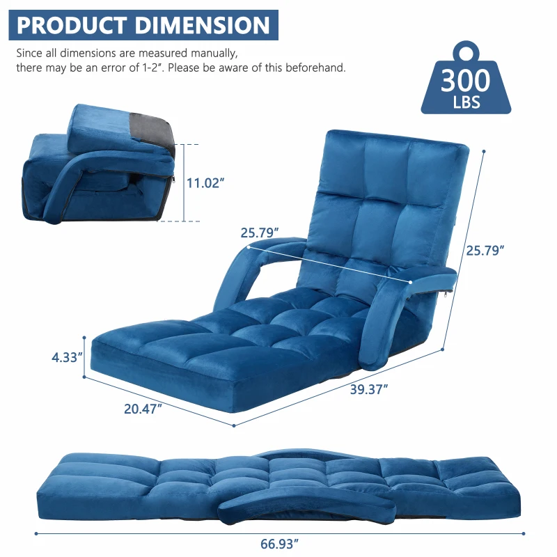 Folding Floor Chair with 14 Precision Adjustment Levels, Practical Floor Lounger for Reading, Gaming, or Relaxing, 20.5"L x 39.5"W x 25.5"H, Blue