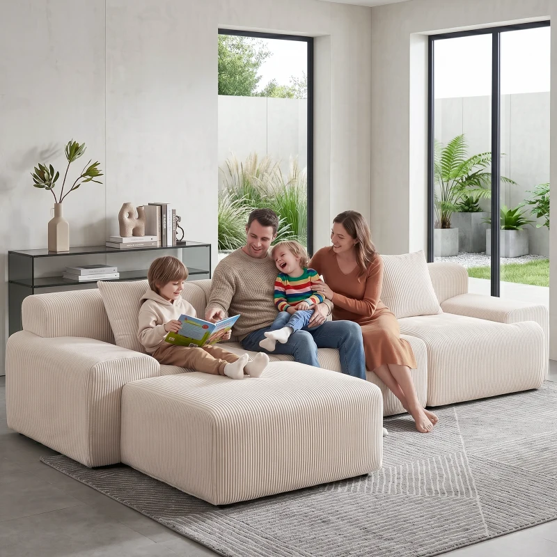 Modern Modular Compressed Sofa with Movable Ottoman, Memory-Foam Corner Couch for Apartments and Bedrooms, 118"L x 39.5"W x 29.5"H, Beige