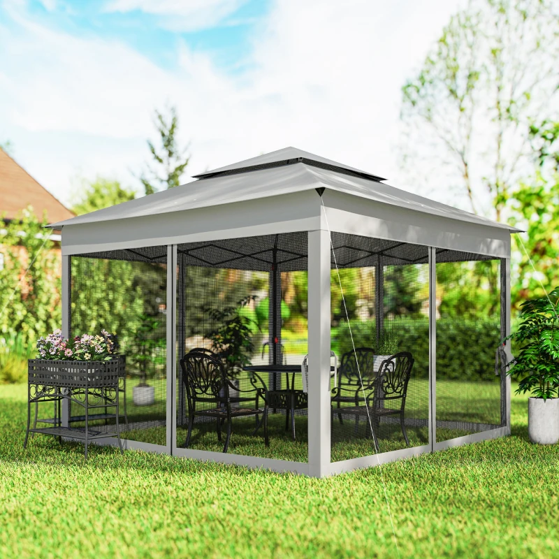 Outsunny 11' x 11' Pop Up Gazebo 2-Tier Soft Top Shelter Event Tent w/ Netting Carry Bag for Patio Backyard Garden, Light Grey