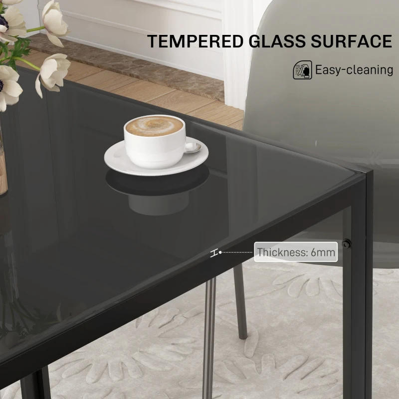HOMCOM Square Kitchen Table for 2-4 People, Dining Table with Glass Top and Steel Legs for Dining Room, Black