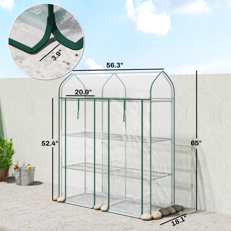 Outsunny 3 Tier Mini Greenhouse, Small Portable Greenhouse with 2 Roll-up Doors, 56.3" x 18.1" x 65", Clear